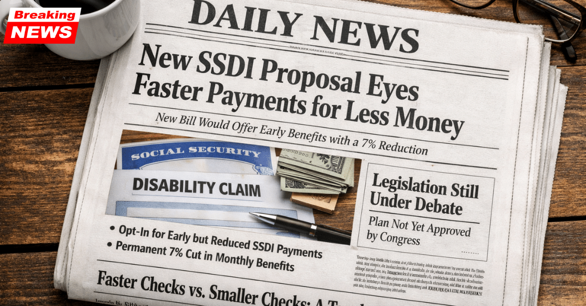 Newspaper headline highlighting a proposed Social Security SSDI bill discussing faster disability payments with a permanent 7 percent benefit reduction.