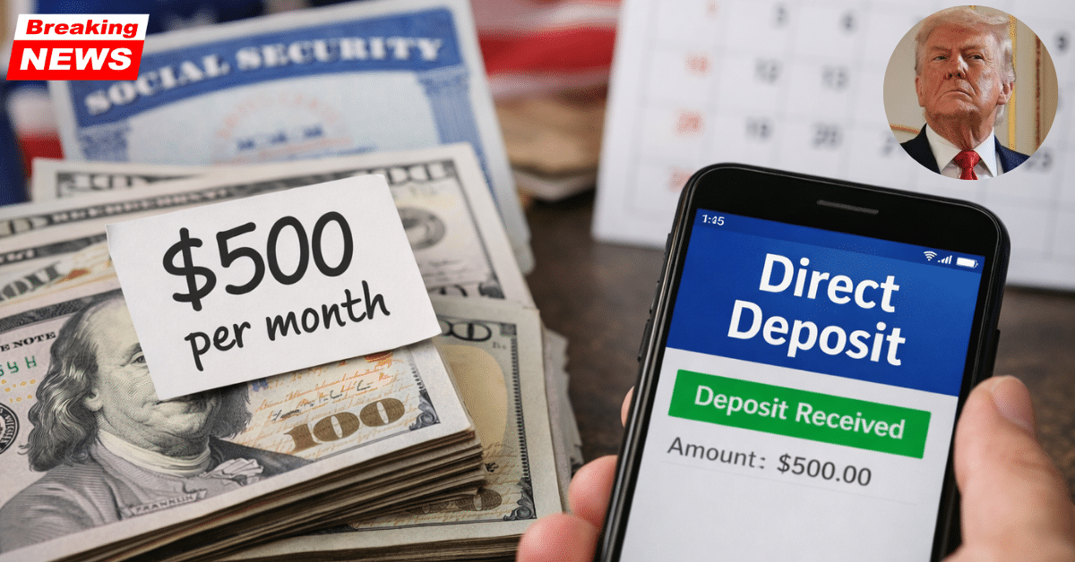 Smartphone screen showing a $500 direct deposit next to U.S. dollar bills and a Social Security card, representing proposed monthly guaranteed income support in 2026.
