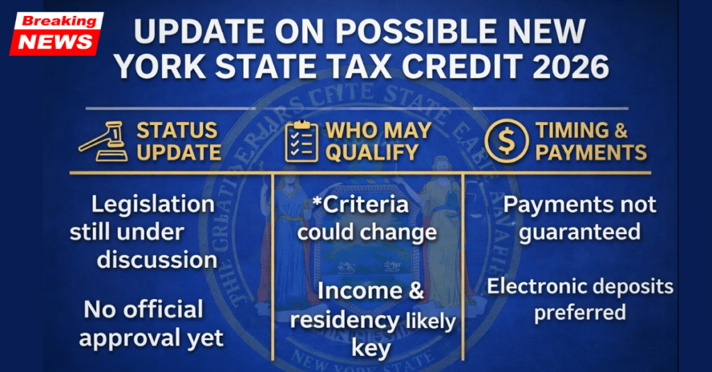 Informational graphic showing a 2026 New York State tax credit update with sections on current status, eligibility criteria, and payment timing, presented in a blue and gold government-style layout.