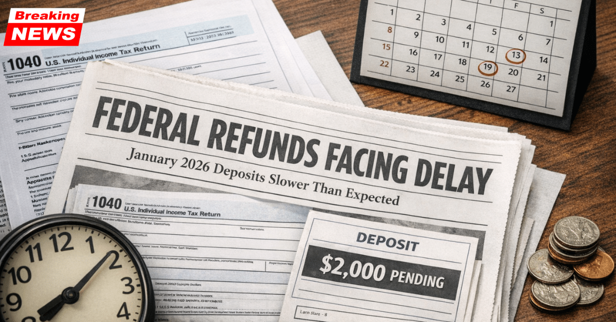 Newspaper headline highlighting slower federal tax refund deposits in January 2026 alongside a pending $2,000 payment and tax documents.