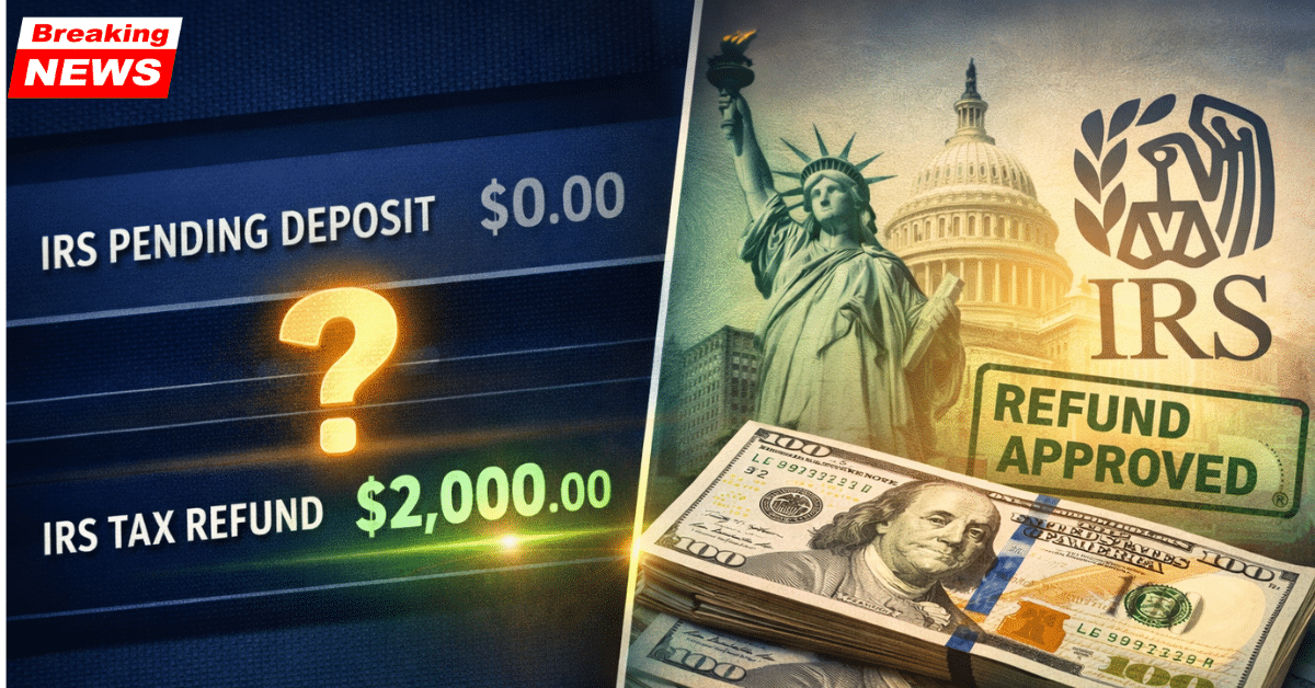 IRS refund deposit showing $0 pending first, followed by a $2,000 tax refund credited to a bank account in 2026